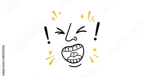 Hand-drawn illustration of a shocked or surprised face with an open mouth, radiating lines, and exclamation points, conveying intense emotion.