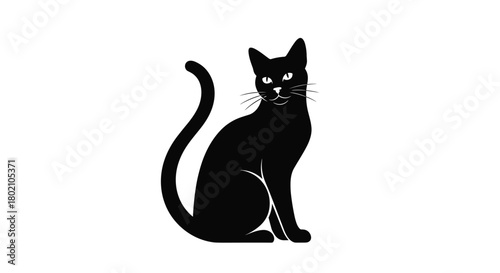 Elegant black cat silhouette sitting and looking forward with a curved tail, a classic symbol of mystery and feline grace, isolated on white.