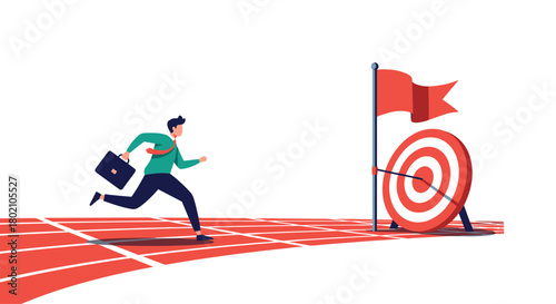 A determined businessman sprints towards a target on a running track, symbolizing ambition, success, and achieving goals in a competitive environment.