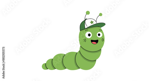 A cheerful green caterpillar wearing a baseball cap with a star smiles and waves, showcasing a playful and friendly cartoon illustration for children's media.
