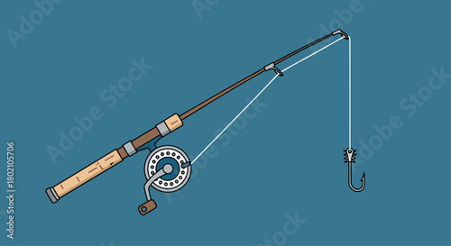 Illustration of a classic fishing rod with reel and hook, showcasing angling equipment for recreational fishing and outdoor activities.
