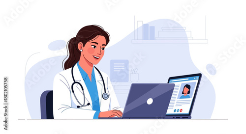 Female doctor wearing stethoscope and coat is working on laptop, with medical chart and patient profile visible on the screen, representing telemedicine and online healthcare services