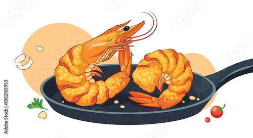 Delicious fried shrimp in a dark frying pan with garlic and herbs, a vibrant and appetizing culinary illustration for food blogs and restaurant menus.