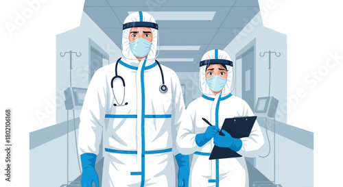 Male and female healthcare worker in full protective suits, face shields, and masks stand in hospital hallway, one holding stethoscope and the other clipboard