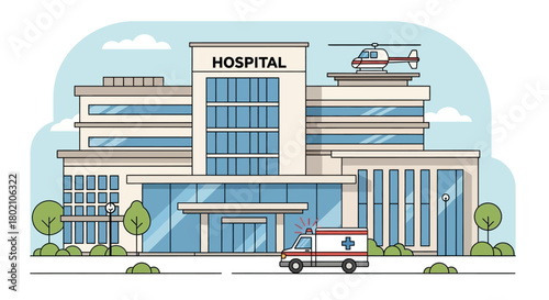 Modern hospital building with ambulance and helicopter on the roof, representing healthcare services and emergency medical response in clean, flat style