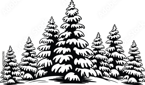 CAD drawing flat vector illustration of winter pine trees, snow forest landscape, christmas theme, black white outline, suitable for nature design, environmental illustrations, festive decorations, an