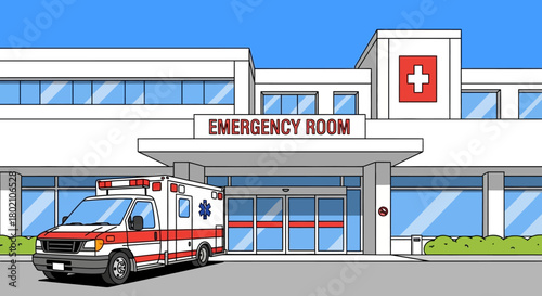 Ambulance parked in front modern hospital emergency room entrance with automatic doors and prominent red cross symbol, signifying urgent medical care access