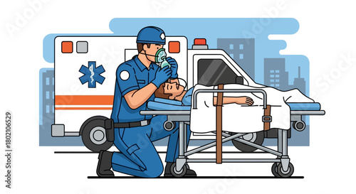 Paramedic in uniform providing oxygen to patient on stretcher in front an ambulance with city skyline in the, illustrating emergency medical services