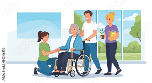 Caring family assisting an elderly woman in wheelchair, symbolizing support, home care, and intergenerational connection in bright, modern setting