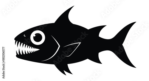 Stylized silhouette of a piranha with sharp teeth and a single visible eye, showcasing a predatory aquatic creature in a minimalist design.