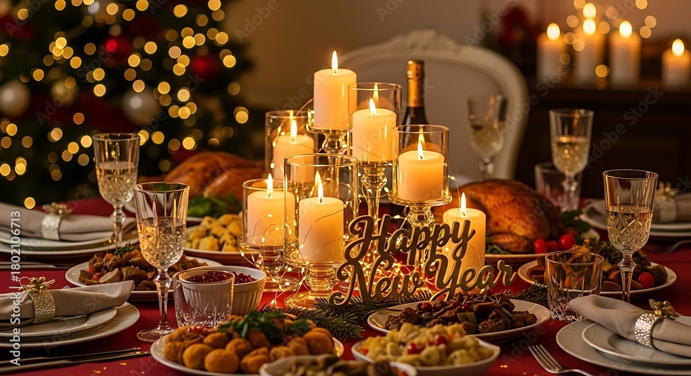 Fototapeta premium A festive holiday table setting with candles and a Christmas tree