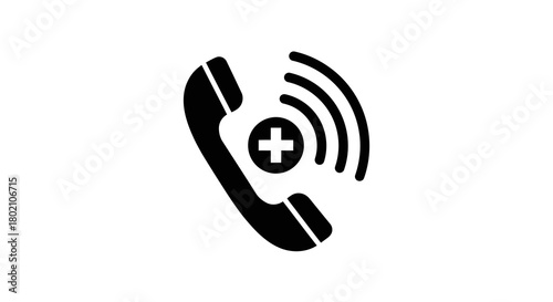 Emergency call icon with plus sign and sound waves, representing urgent medical assistance or helpline, isolated on