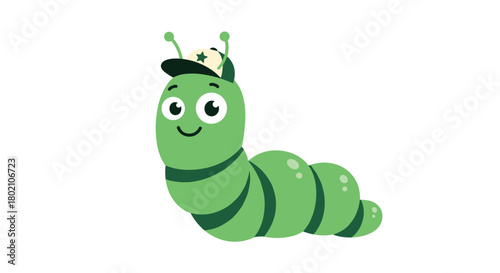 A cheerful green caterpillar wearing a khaki safari hat smiles and crawls forward, showcasing a playful and whimsical illustration perfect for children's content.