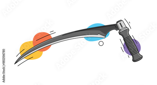 Stylized illustration of a curved, futuristic blade with a textured grip, suggesting a sci-fi or fantasy weapon in motion, surrounded by colorful accents.