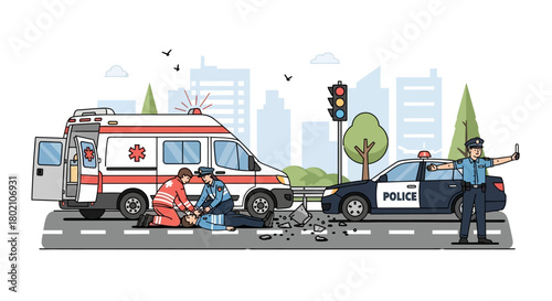 Scene depicting car accident on city street with an ambulance, police car, and officer directing traffic, highlighting emergency response