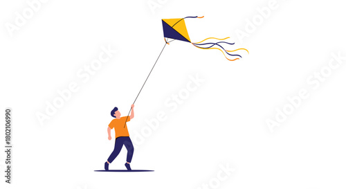 A young man enjoys a sunny day flying a colorful kite, showcasing leisure and outdoor recreation in a minimalist illustration style.