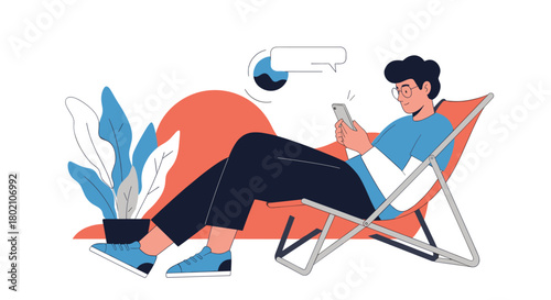 Relaxed young man lounging in a chair and using a smartphone, enjoying leisure time and digital connectivity outdoors or at home.