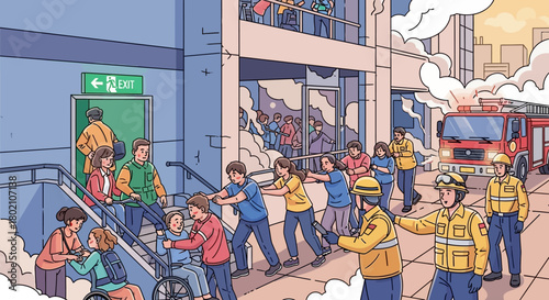 People evacuating building during an emergency, with firefighters arriving to assist