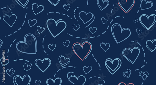 A whimsical pattern of hand-drawn hearts in varying sizes floats against a deep navy blue background, evoking feelings of love, connection, and playful affection.