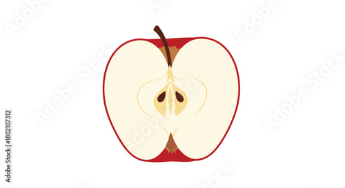 A vibrant illustration of a halved red apple revealing its white flesh and dark seed core, showcasing a healthy fruit slice in a simple, graphic style.