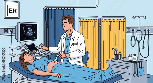 Doctor performing an ultrasound examination on female patient in an emergency room, with medical equipment and screens displaying sonogram images