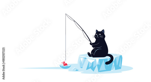 A charming illustration depicts a black cat patiently ice fishing on a frosty iceberg, holding a fishing rod with a hopeful expression, awaiting a bite.