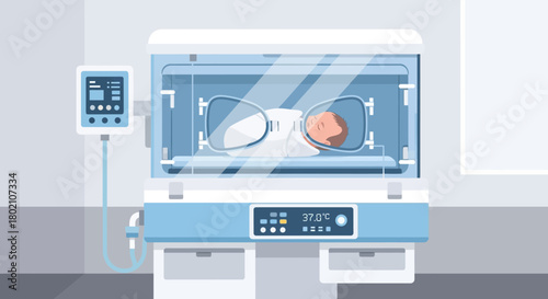 Newborn baby in incubator with medical equipment, representing premature birth and neonatal care