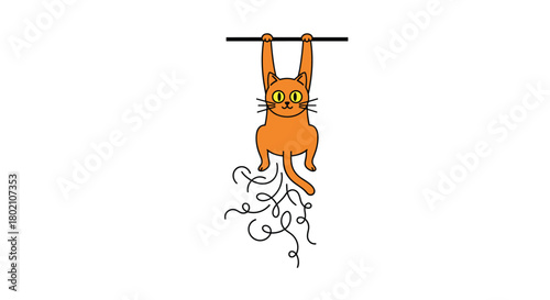 An adorable orange tabby cat playfully hangs upside down from a bar, its tail and paws dangling with a whimsical, carefree expression.