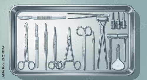 Surgical instrument tray filled with various sterile medical tools, including scalpels, forceps, scissors, and clamps, ready for an operation