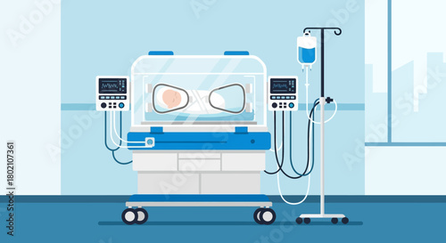 An incubator for premature babies in hospital setting, with medical equipment and monitors