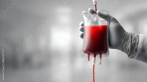 Photorealistic close-up hand in grey surgical glove holding blood bag, modern minimalist laboratory background