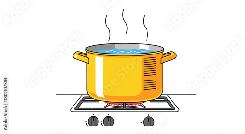 A vibrant yellow stockpot filled with boiling water sits atop a gas stovetop, emitting steam and suggesting culinary preparation or cooking activities.