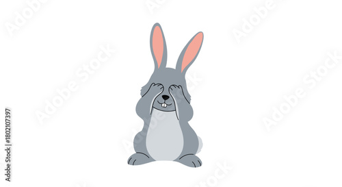 Adorable gray bunny covering its eyes with paws, expressing shyness or playing peek-a-boo, a charming illustration for children's content or springtime themes.
