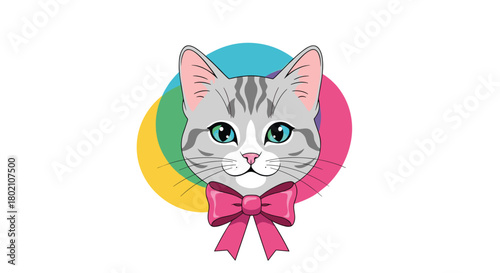 Charming gray tabby cat portrait with a pink bow tie and colorful circular background, a delightful illustration for pet lovers and whimsical designs.