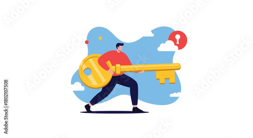 A determined man carries an oversized golden key, symbolizing solutions, access, and unlocking potential against a bright blue abstract background.