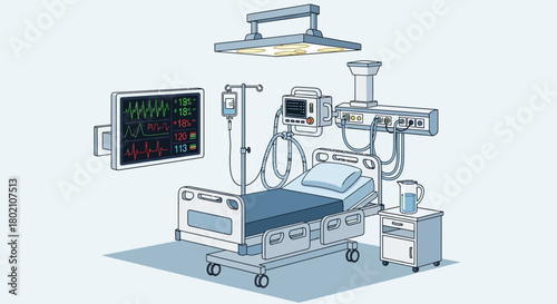 Hospital intensive care unit with medical equipment including patient bed, ventilator, and monitoring screen, illustrating critical care and advanced medical technology