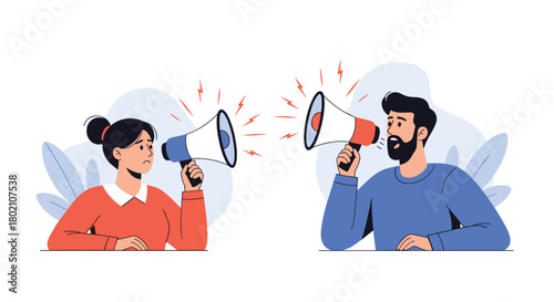A frustrated couple engages in a heated argument, each shouting into a megaphone, symbolizing communication breakdown and conflict in a relationship.