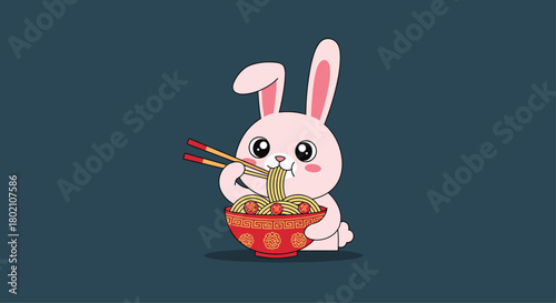 Adorable cartoon bunny happily enjoying a bowl of ramen noodles, a delightful illustration perfect for celebrating the year of the rabbit or asian cuisine.