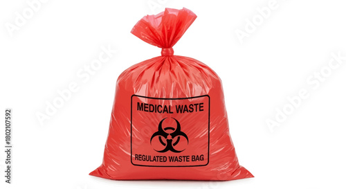 Red medical waste bag with biohazard symbol and text indicating regulated waste bag, isolated on