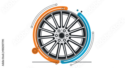Stylized illustration of a car wheel with orange and blue motion lines suggesting speed and dynamic movement, representing automotive technology and innovation.