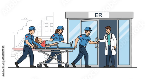 Paramedics in uniform wheeling patient on stretcher into an emergency room entrance, greeted by doctor in coat and stethoscope