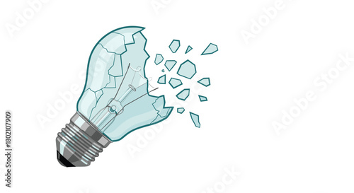 A shattered lightbulb with fragments of glass scattering outwards, symbolizing a broken idea, failure, or the end of inspiration, isolated on white.