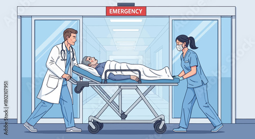 Doctor and nurse rushing an elderly patient on gurney into the emergency room hospital, with automatic doors opening to reveal corridor