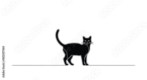 A sleek black cat stands poised on a thin line, creating a minimalist and striking illustration of feline grace and mystery.
