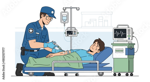 Paramedic attending to patient lying on stretcher, with medical equipment including an iv drip and vital signs monitor nearby