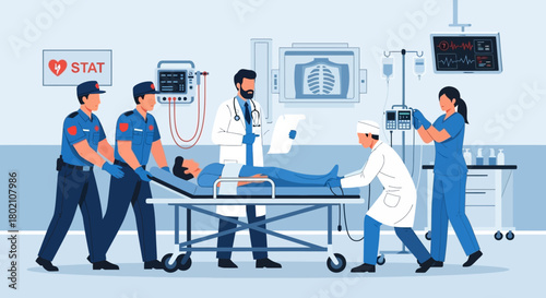 Emergency medical team working together to save patient in the emergency room, with paramedics, doctors, and nurses providing urgent care and medical attention