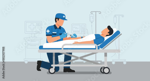 Paramedic kneeling beside patient on stretcher, administering an injection or iv drip in medical setting with equipment in the