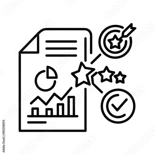 Business analytics and performance review with charts, graphs, and star ratings