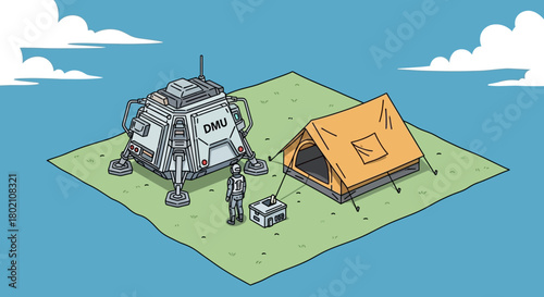 An isometric depicting lunar or planetary exploration base with futuristic habitat module, tent, rover, and person standing on grassy patch under blue sky with clouds
