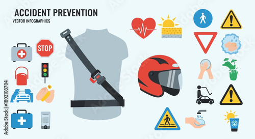 Accident prevention infographic with icons for safety measures like seatbelts, helmets, traffic signs, first aid, and hand washing for road safety